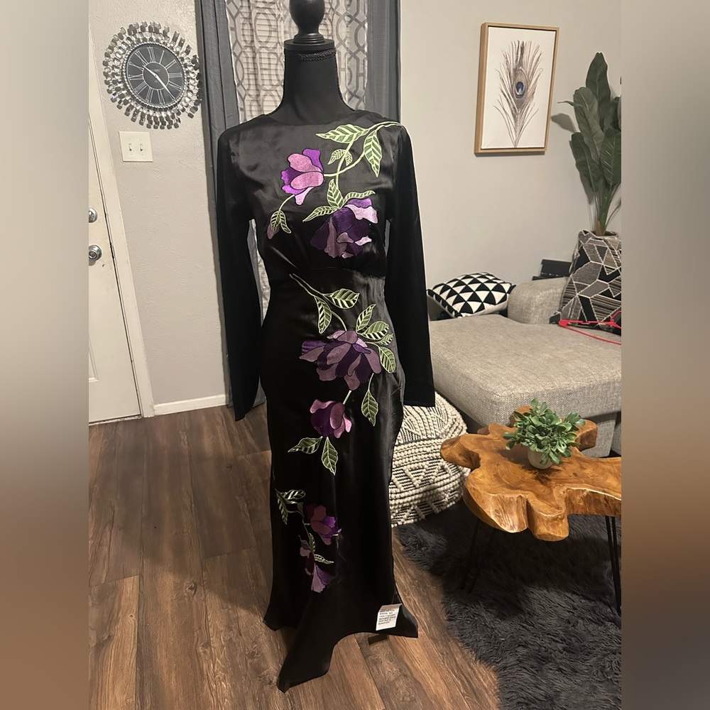 ASOS Black  satin Dress with Purple Floral Design